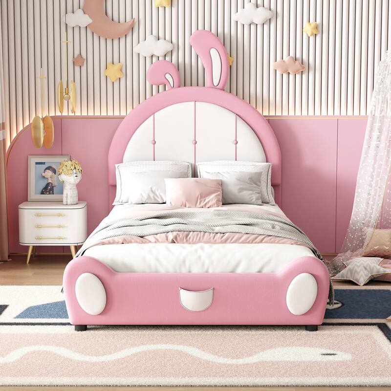 Twin Size Upholstered Platform Bed with Rabbit Shaped Headboard - Pink+White