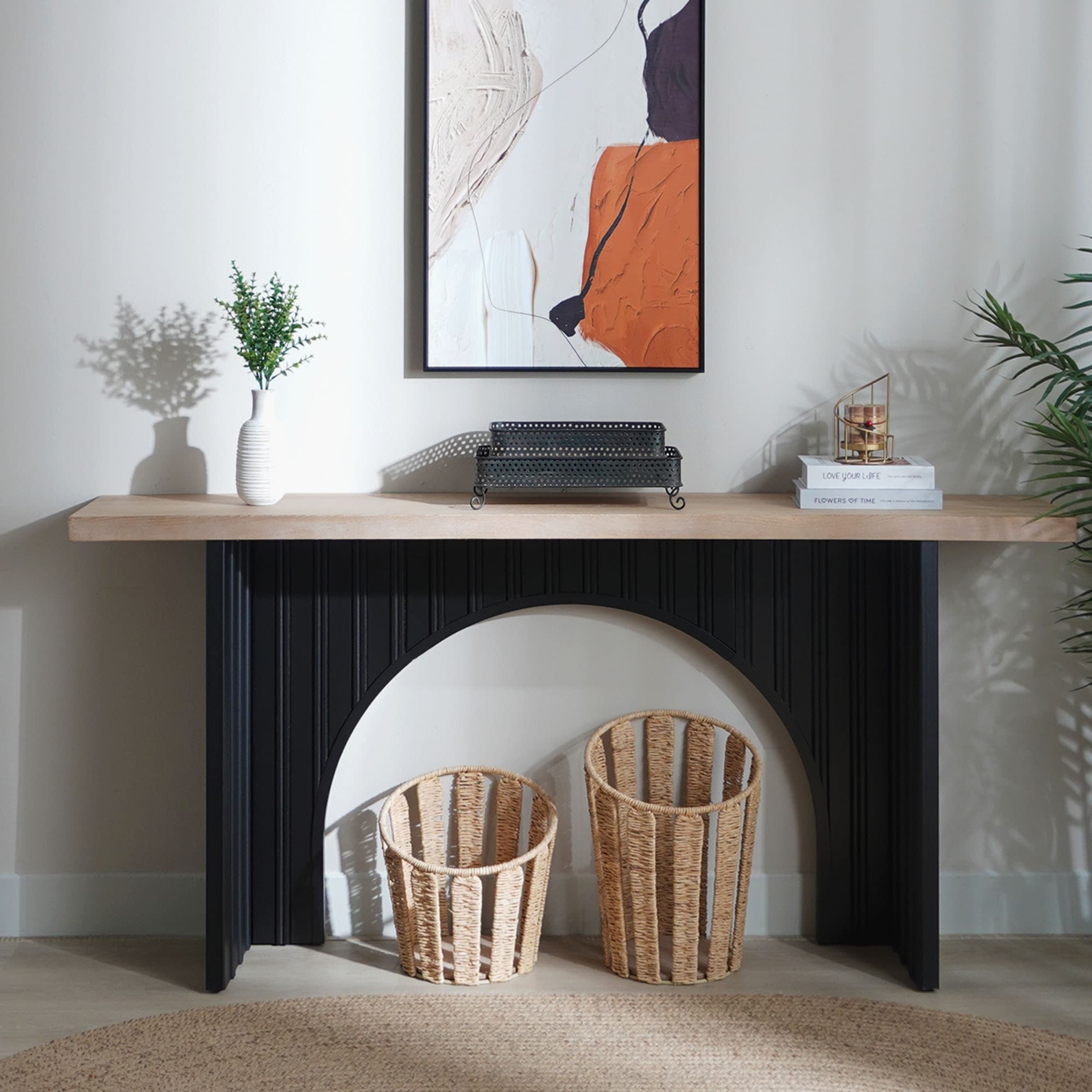 66" Length Modern Minimalist Console Table with Black Arch Base and Natural Wood Top