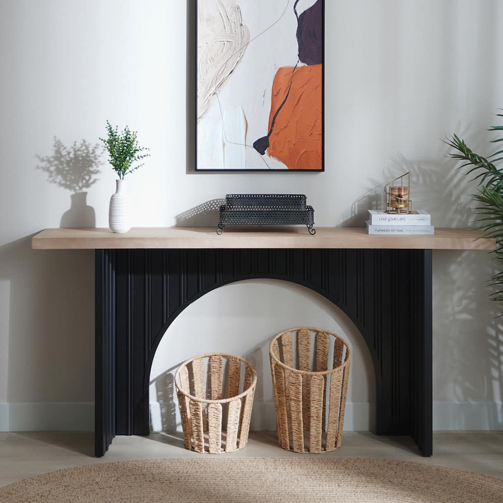Minimalist Vertical Stripe Console Table with Black Arch Base and Natural Wood Top, Modern Entryway Table - 4 Assembly Styles