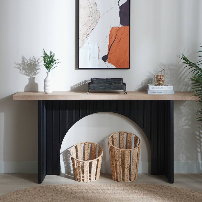 Modern Minimalist Console Table with Black Arch Base and Natural Wood Top - Black+Natural