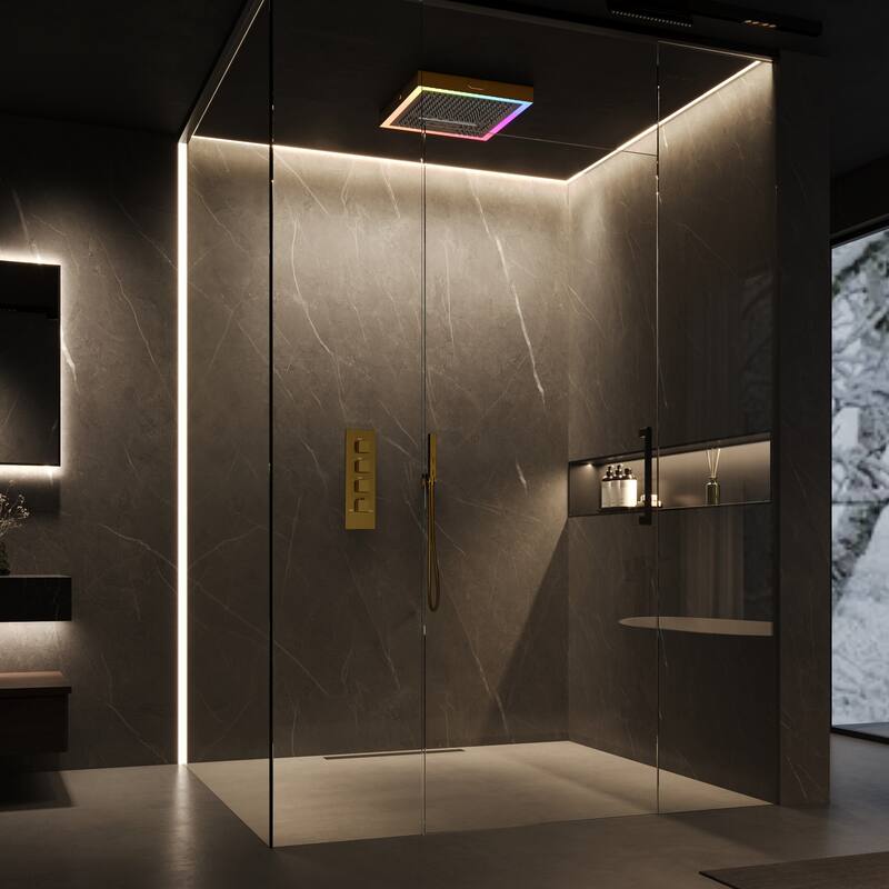 GRANDJOY Thermostatic LED Rain and Waterfall Shower System with Handheld, Built-In Music Function