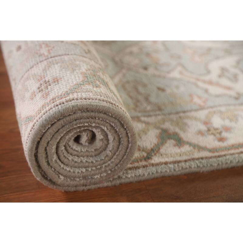 Floral Blue Oushak Runner Rug Hand-knotted Wool Carpet - 2'9"x 9'10"