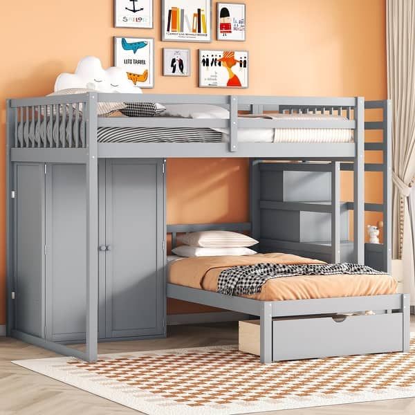 slide 2 of 13, Full Over Twin Bunk Bed Frame with Drawers and Shelves, Wardrobe,Gray