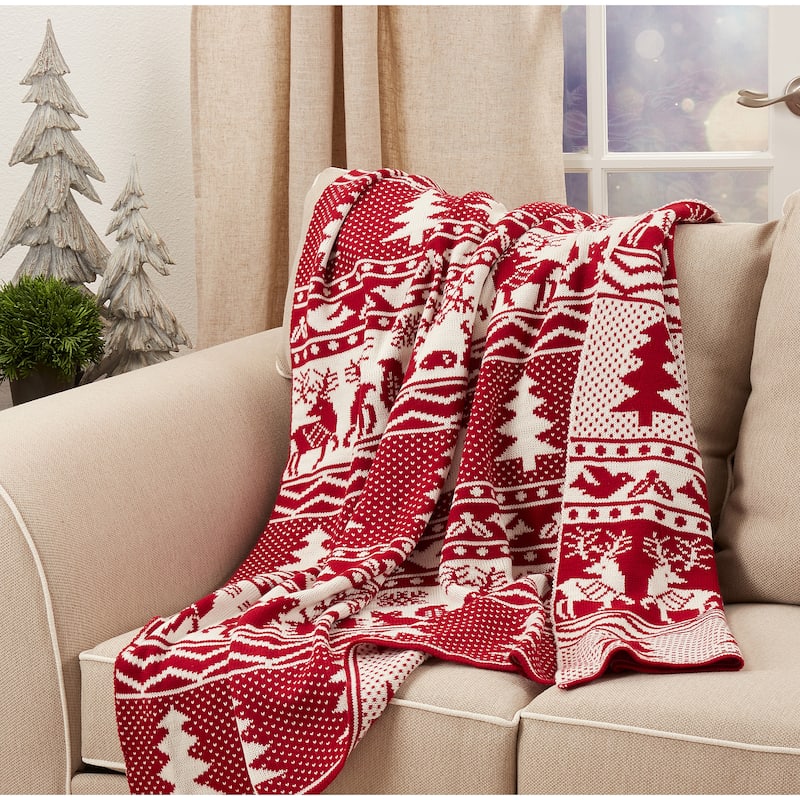 Knit Throw With Christmas Tree and Reindeer Design