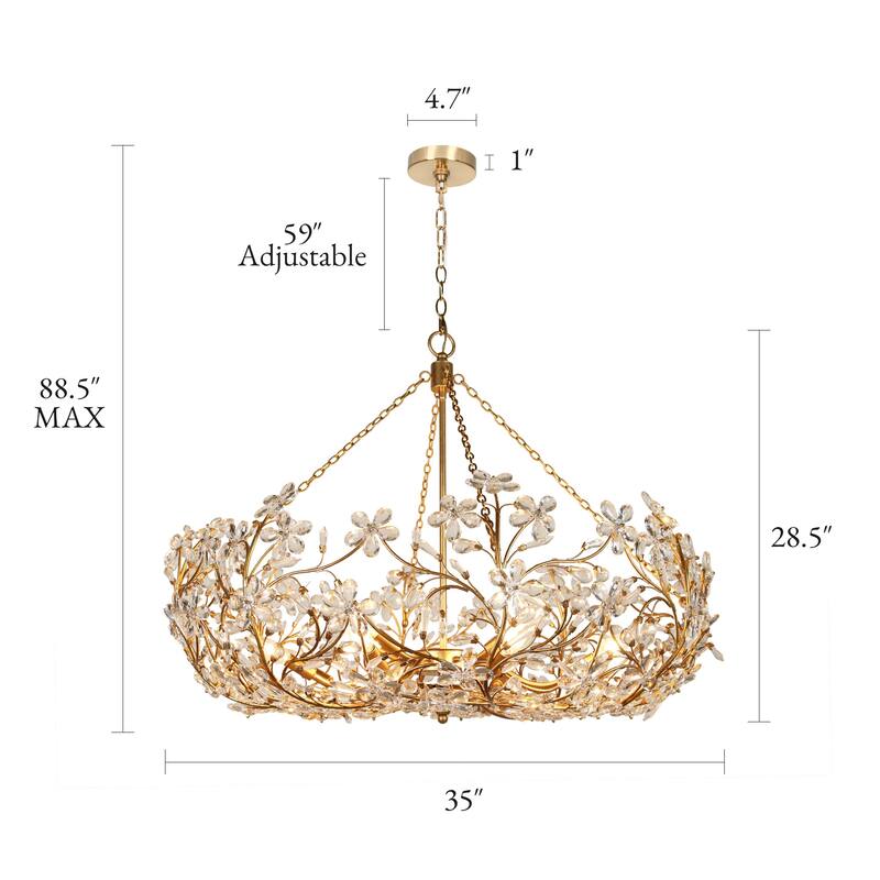 Luxury 12-Light Crystal Floral Chandelier Handcrafted Gold Foil Antique Statement Ceiling Light - Width 35" × Height 28.5"