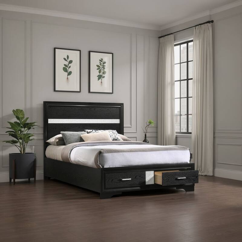 Vino Full Size Panel Bed with 2 Storage Drawers, Acrylic Glitter, Black