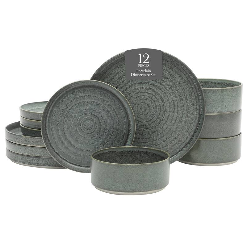 Gibson Elite Echo Bay 12 Piece Porcelain Reactive Glaze (Service for 4) Ceramic Plates and Bowls Dinnerware Set