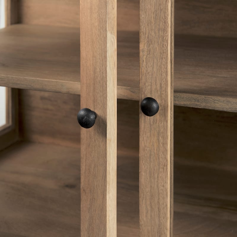 Arelius Light Brown Solid Wood w/ Black Iron Frame & 2 Glass Doors Accent Cabinet - 36.0L x 18.0W x 32.0H