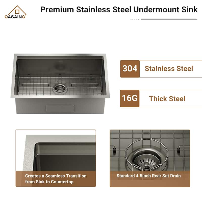 Undermount Single Bowl Nano Brushed Stainless Steel Workstation Kitchen Sink with Two-Function Kitchen Faucet and Accessories