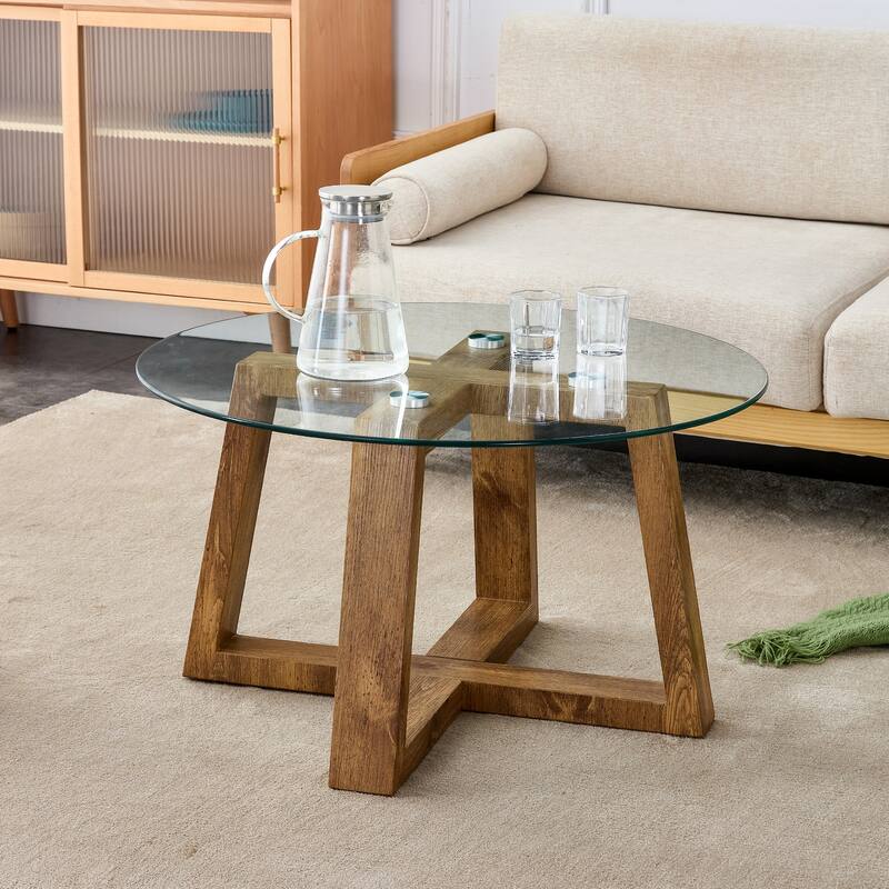 31.5" Modern Round Coffee Table with Tempered Glass Tabletop and Stable Base for Living Room