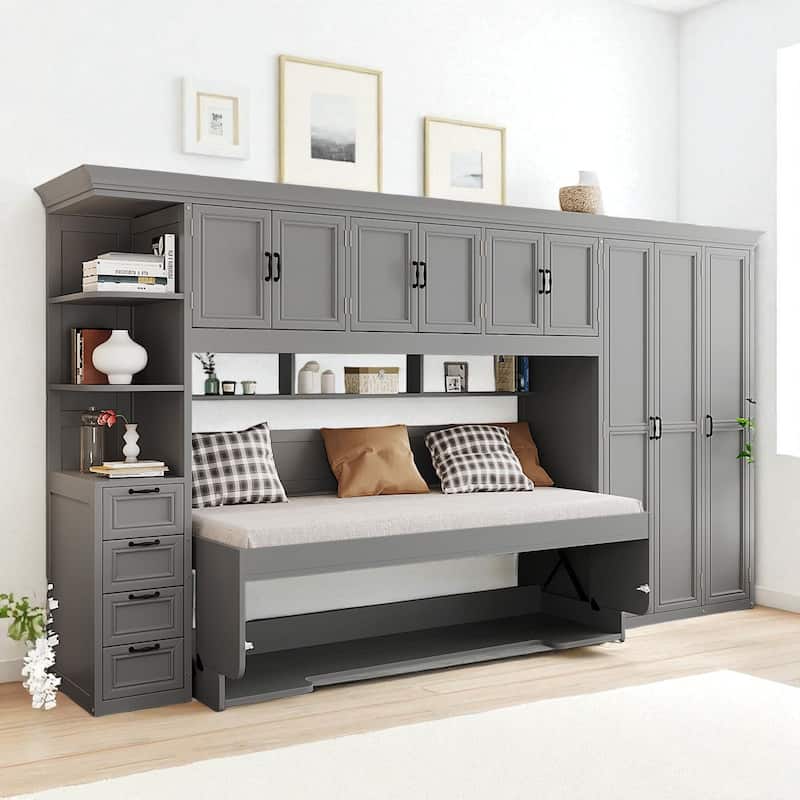 Twin Size Murphy Bed with Desk, Wardrobe, Cabinets & Drawers, Space-Saving Wall Bed for Small Apartments