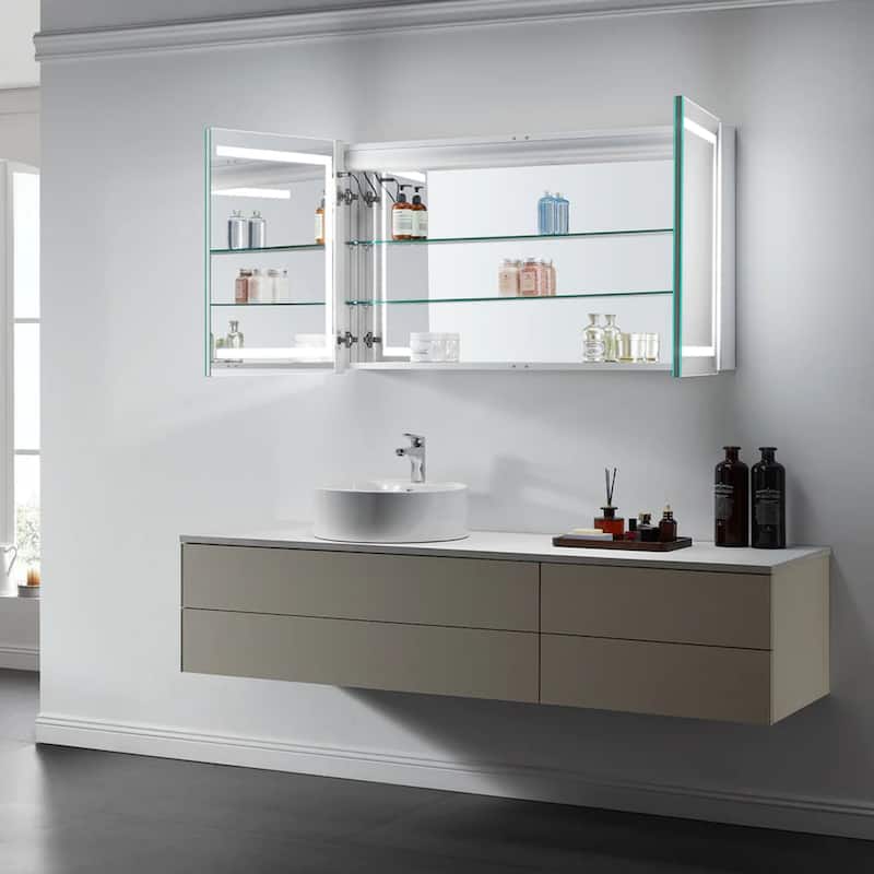 Modern Mirrors Europa II Bathroom Mirror Cabinet with Lights, Wall Mounted Vanity Glass Cabinet with 2 Shelves - 32x24 inches