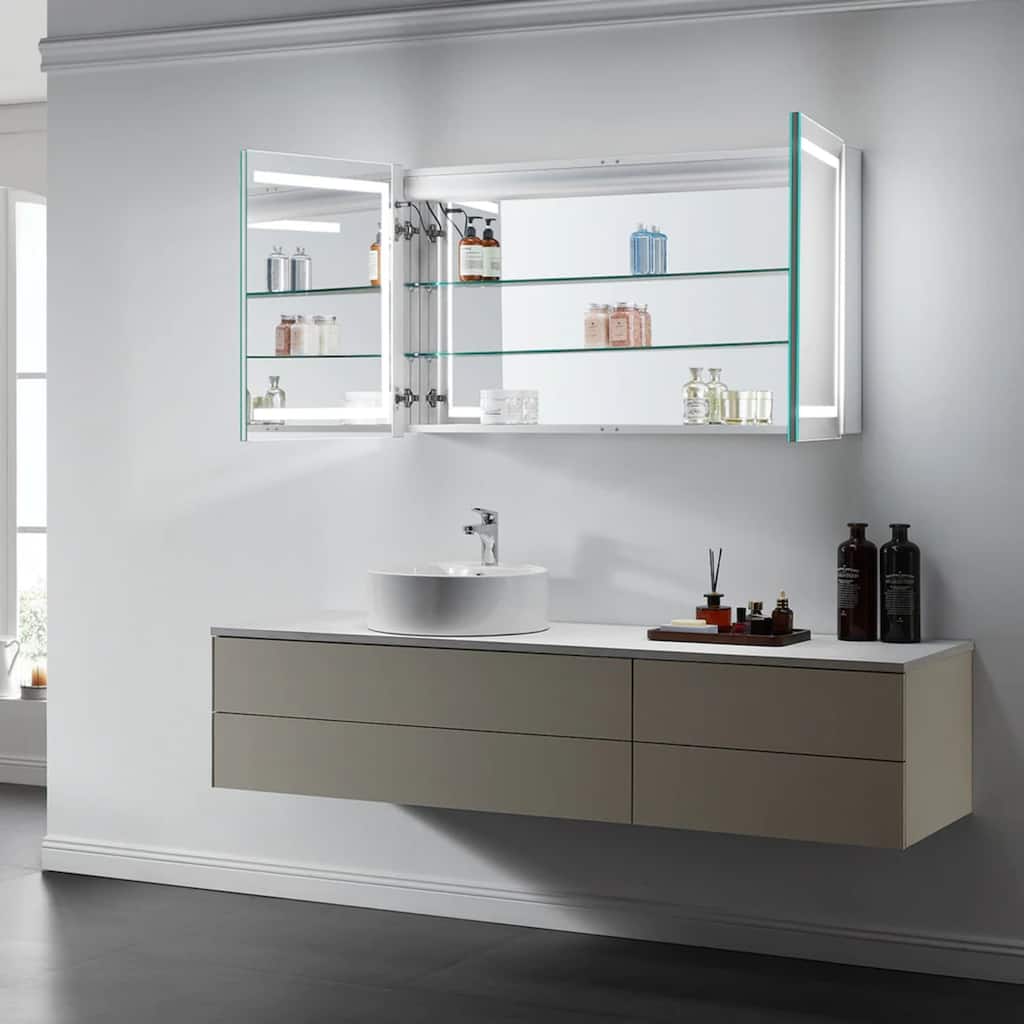 Modern Mirrors Europa II Bathroom Mirror Cabinet with Lights, Wall Mounted Vanity Glass Cabinet with 2 Shelves - 32x24 inches