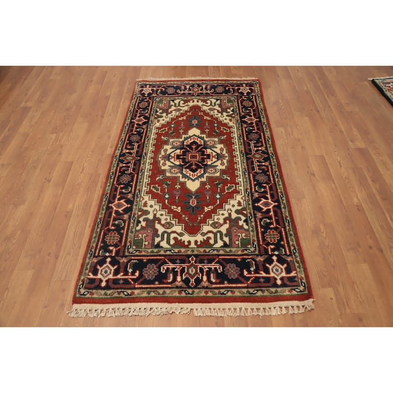 Hand Knotted Oriental 100% Wool Carpet Traditional Medallion Oranges & Rust Heriz (serapi) Area Rug - 5' 3'' X 2' 10''
