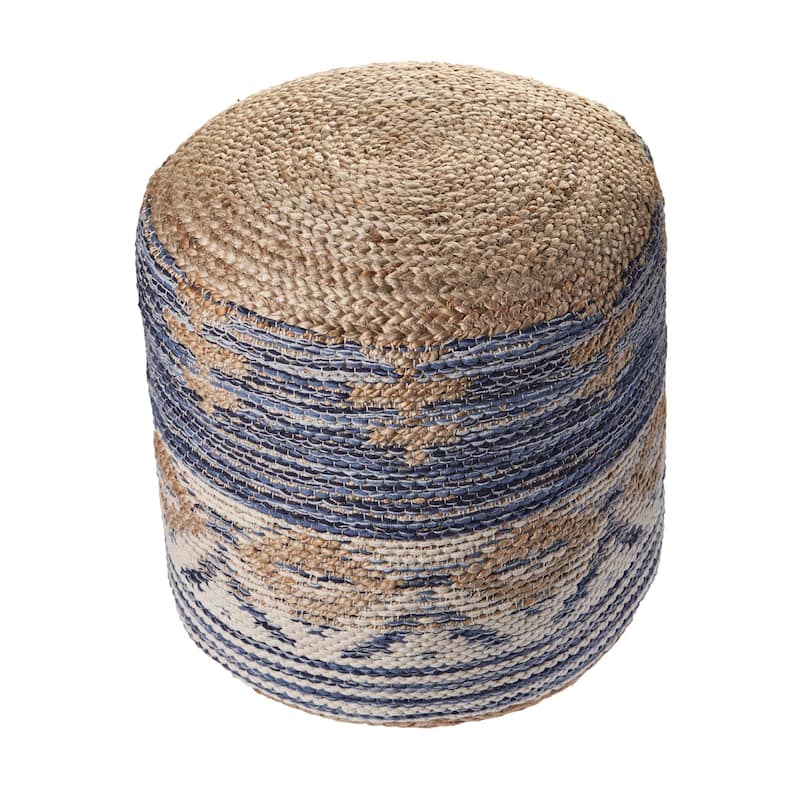 18" Navy Blue and Brown Geometric Jute Round Pouf Ottoman
