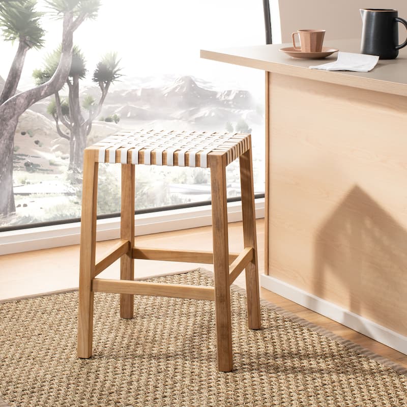 SAFAVIEH Ozgul Woven Lattice Counter Stool - 20" x 17.7" x 27.1" - 20Wx18Dx27H - Natural Teak/White Leather