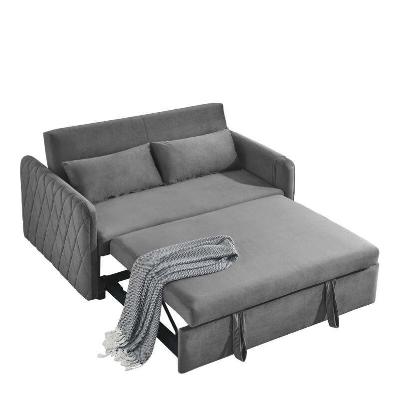 2 in 1 Velvet Loveseat Sleeper Sofa w/ Pull Out Bed & 2 Pillows, Grey