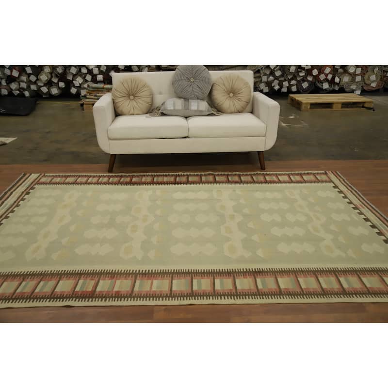 Hand Woven Oriental 100% Wool Carpet Southwestern Tribal Green Kilim Area Rug - 9' 4'' X 6' 1''