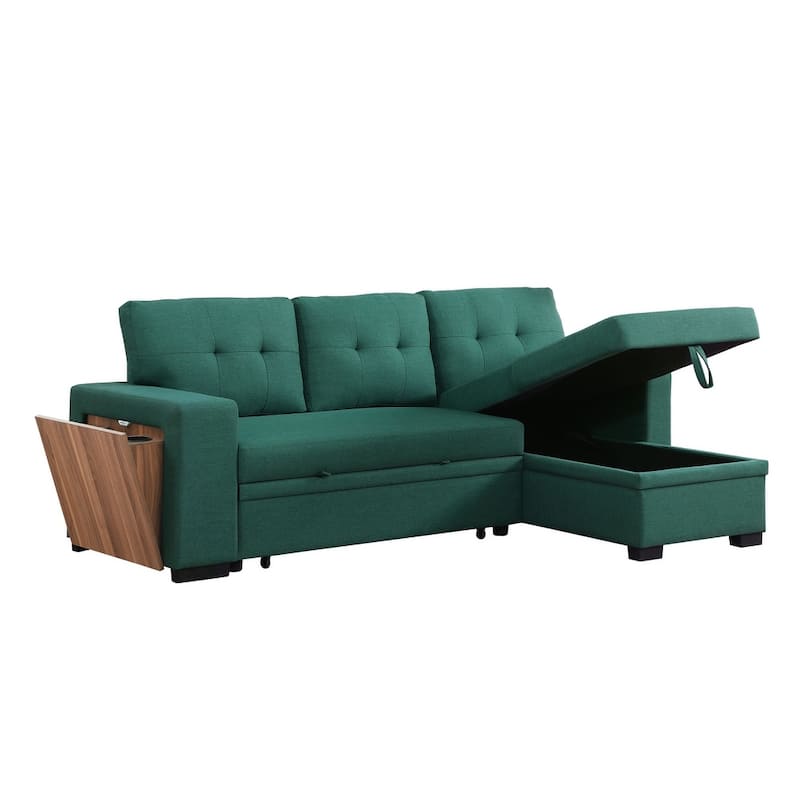 Linen L-Shaped Convertible Sectional Sofa Bed with Storage and Wooden Accent