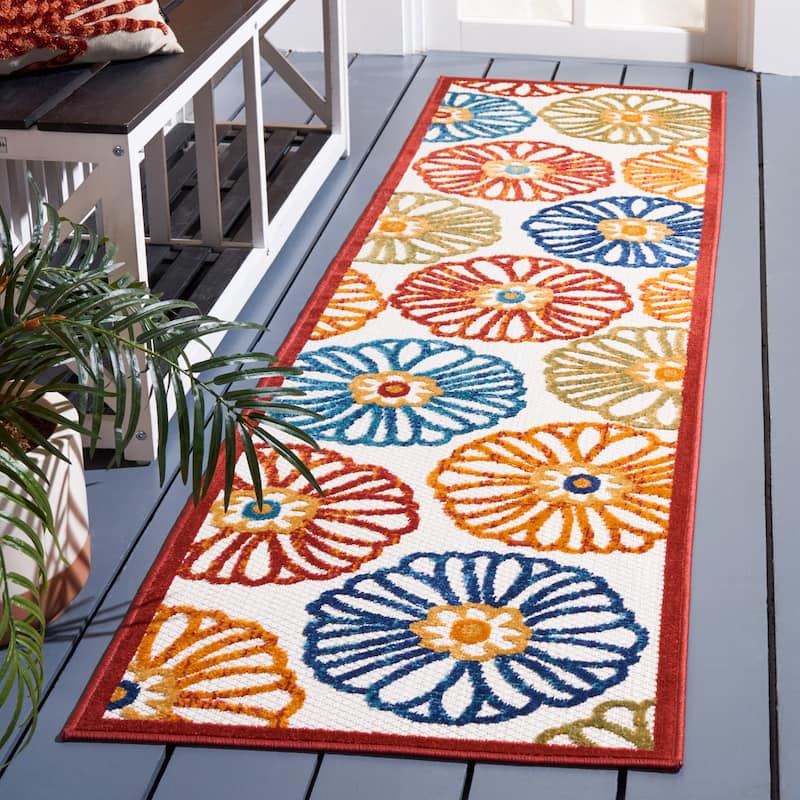 SAFAVIEH Cabana Rajni Indoor/ Outdoor Waterproof Patio Floral Rug - 2' x 12' Runner - Creme/Red