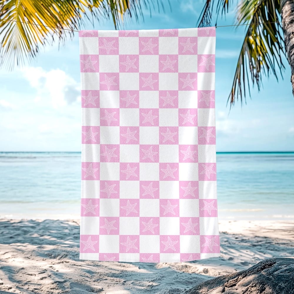 Starfish Checkered Beach Towel, Lightweight Quick Dry Swimming Towel 30"x60"