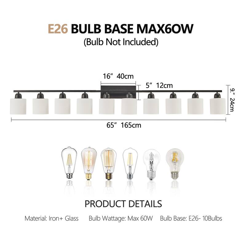 10-Light Bathroom Vanity Lights Over Mirror, 65.4 inch Vanity Lights Fixtures with Glass Shades Modern Vanity Lights