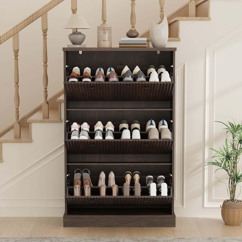 Freestanding Fluted Shoe Cabinet Organizer for Entryway, Hallway, Living Room with 3 Flip Drawers
