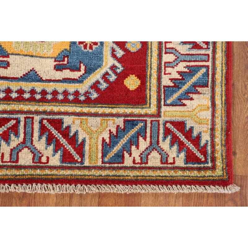Red Geometric Kazak Foyer Rug Handmade Wool Carpet - 2'8" x 4'3"