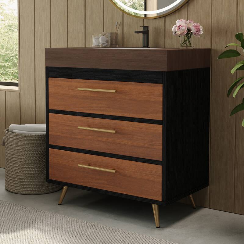 GDFStudio - Athens Modern 29.9" Freestanding Bathroom Vanity with Sintered Stone Top, Ceramic Vessel Sink & Stainless Steel Legs