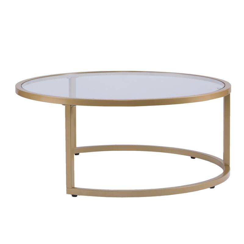 Set of 2 Gold Glass Round Nested Coffee Tables for Living Room or Office - 35.5” x 35.5” x 14.75”
