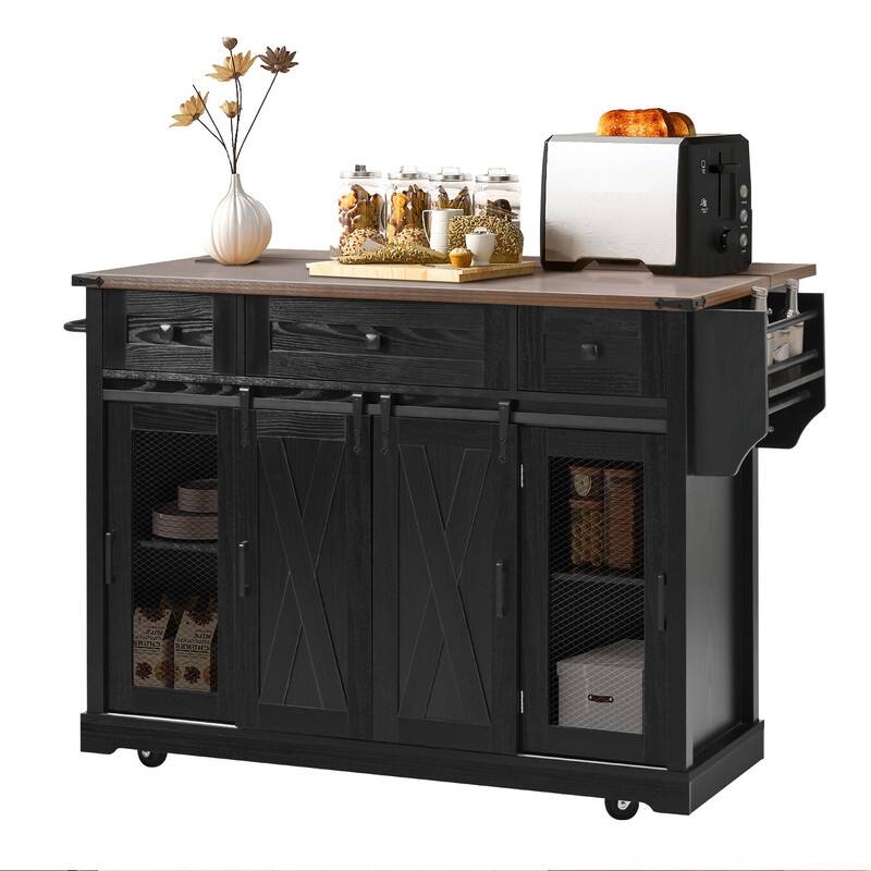 Farmhouse 58" Kitchen Island with Drop Leaf, Rolling Kitchen Island on 5 Wheels with Sliding Barn Door and Adjustable Shelves
