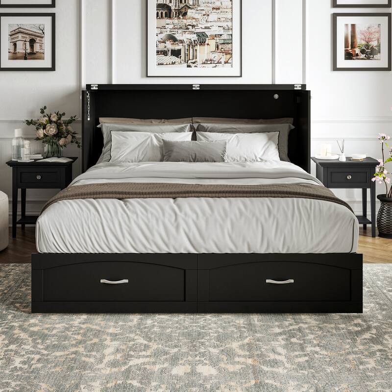 Marion Queen Murphy Bed Chest with 6" Mattress, Storage Drawer & Built-In Charger