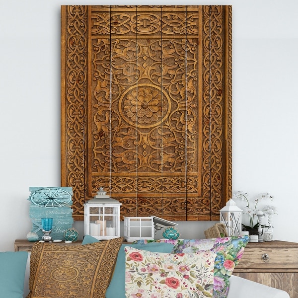 Designart 'Old Carved Wooden Door' Vintage Print on Natural Pine Wood - Multi-color. Opens flyout.