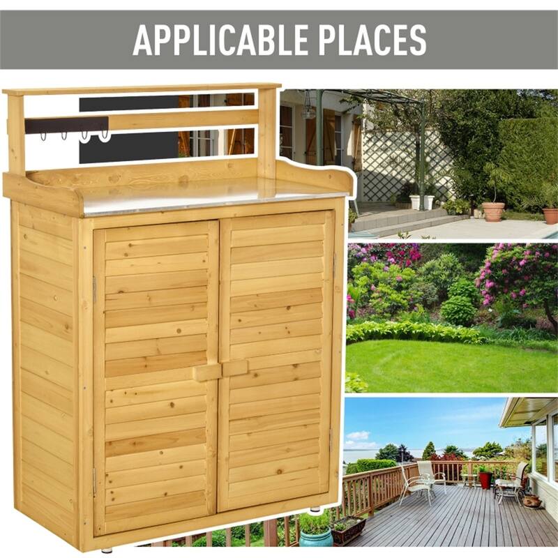 Yellow Fir Wood Outdoor Storage Shed with 3-Tier Shelves and Doors - 34.25" L x 17.75" W x 47.25" H
