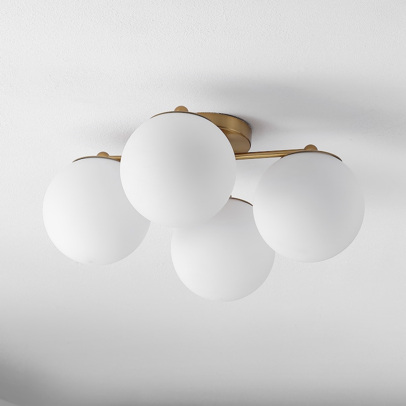 Luca 18" 4-Light Bohemian Farmhouse Iron/Frosted Glass LED Semi Flush Mount, Brass Gold/White by JONATHAN Y