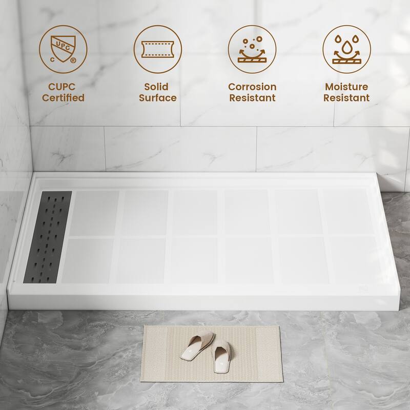 60 in. x 36 in. Elegant White Single Threshold Anti-slip SMC Rectangular Shower Base with Drain and Stainless Steel Drain Cover
