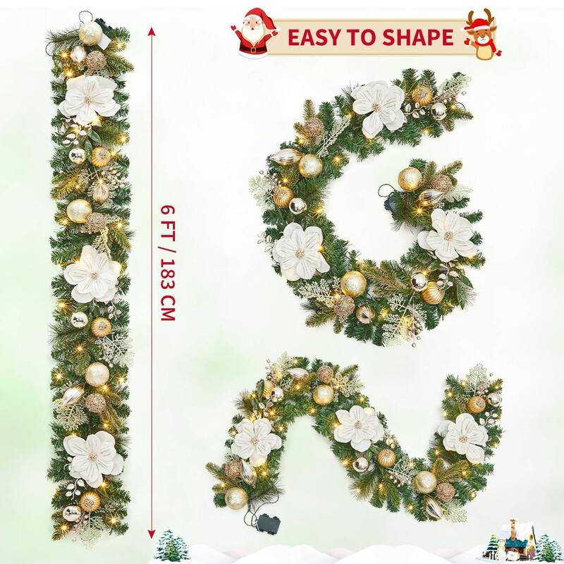 6ft Magnolia Flower Christmas Garland with Lights for Fireplace Stair - N/A