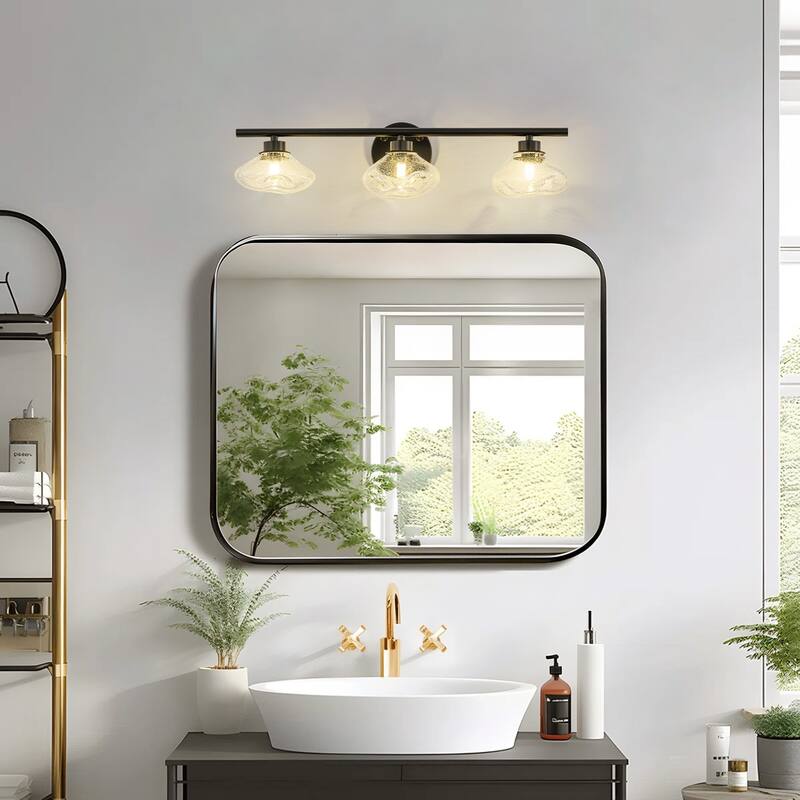 3-Light 24.4" Modern Black/Gold Bathroom Vanity Light with Stone-Shaped Seed Glass Shades