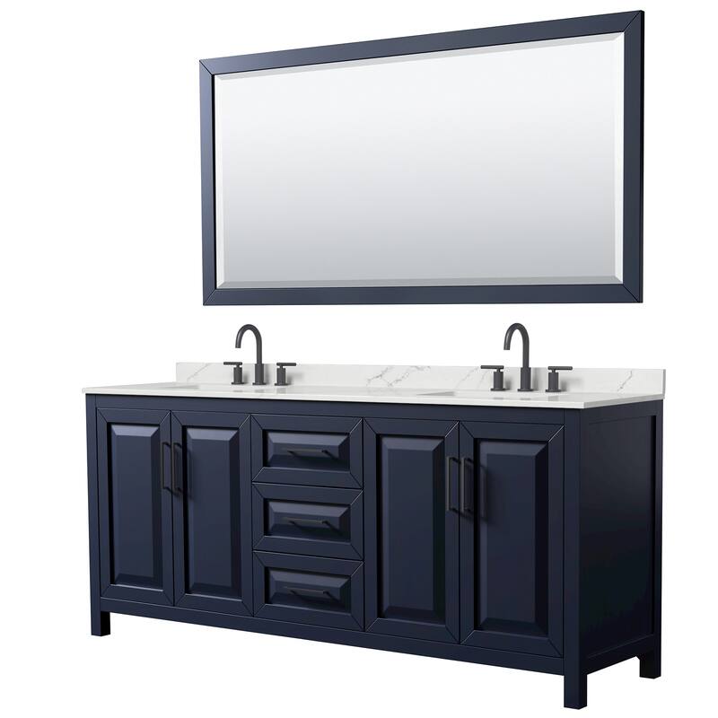 Daria 80-inch Double Vanity, 3 Hole Quartz Top, 70-inch Mirror - Dark Blue, Black Trim, Giotto Quartz Top
