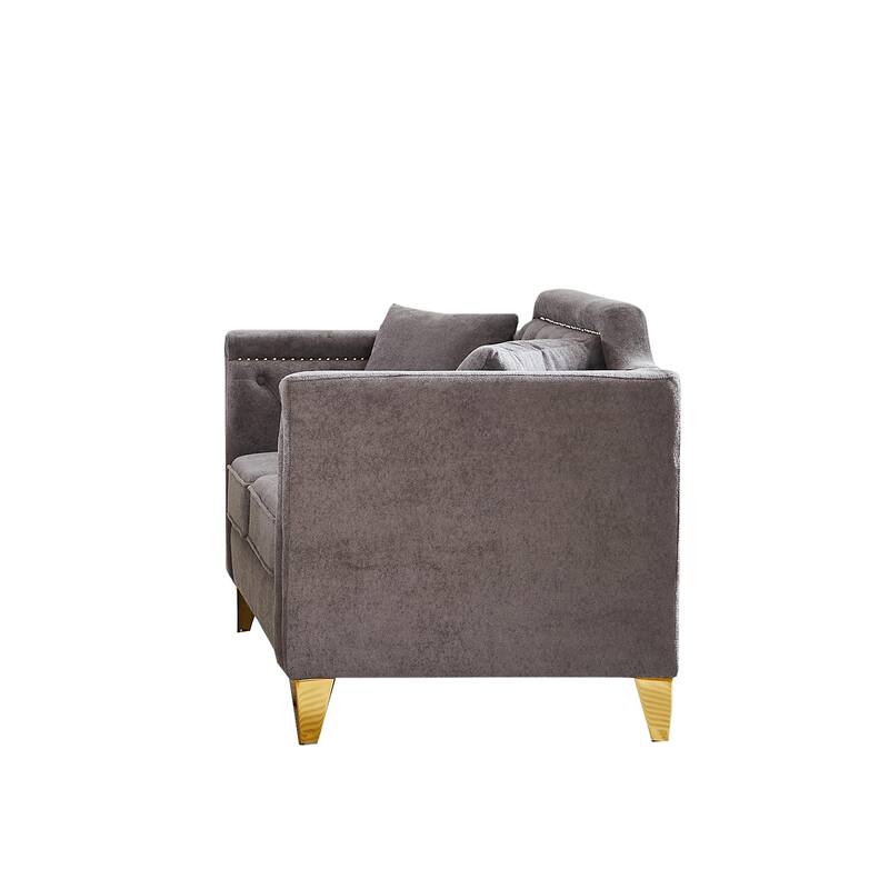Mid-century Chenille Pull Buckle Sofa, Buttons Tufted With Copper Nail and Metal Leg