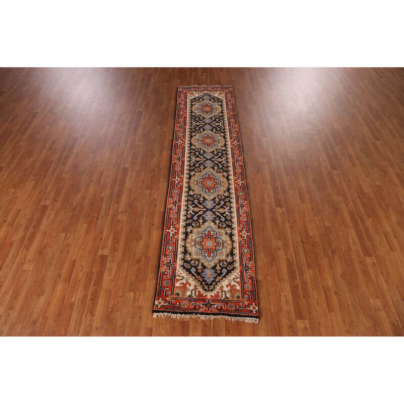 Dark Navy Blue Heriz Serapi Indian Runner Rug Hand-Knotted Wool Carpet - 2'6" x 9'11"