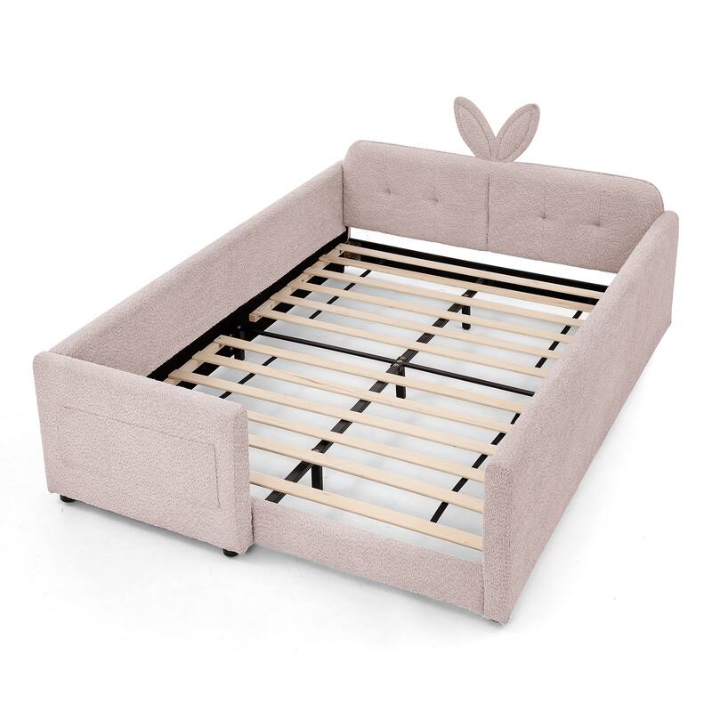 Full Size Upholstered Platform Bed with Bunny Ear Headboard, Safety Rail & Pocket