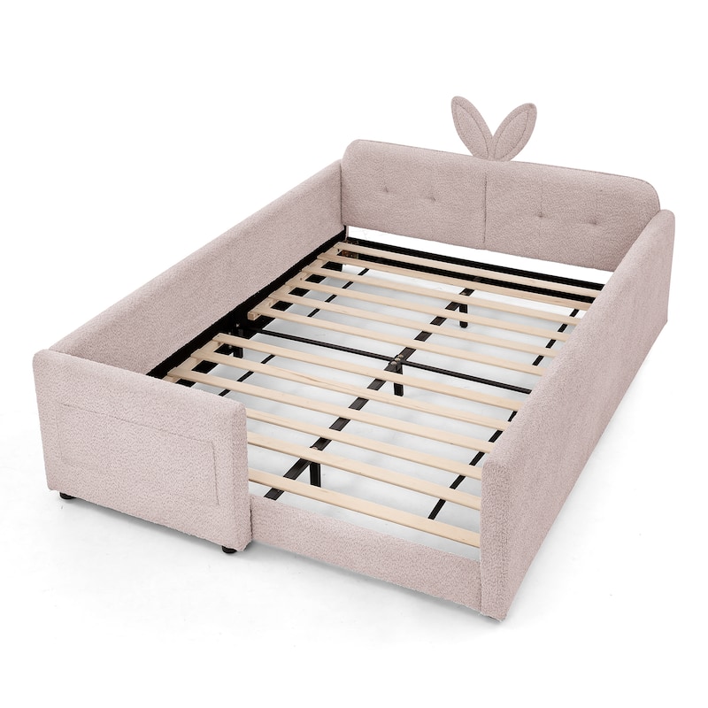 Upholstered Platform Bed with Safety Rail Pocket and RabbitEar Platform Bed w/Skin-friendly Boucle Wood Slat Support Bed Frame
