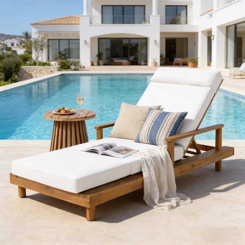 Christopher Knight Home - Modern Indoor/Outdoor Acacia Wood 4-Fold Adjustable Chaise Lounge with Water-Resistant Cushion - Cream+Teak Finish