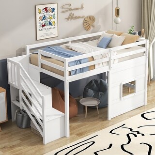 Twin Size Wood Loft Bed with Storage Staircase and Window