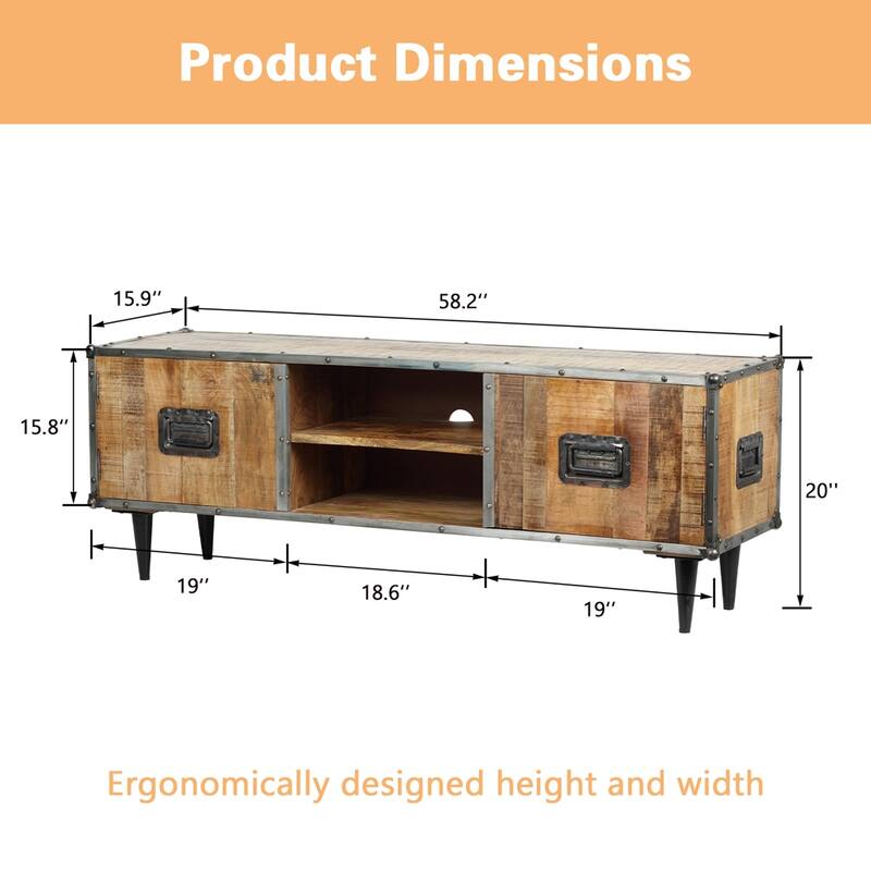 ExBrite Solid Wood Media Console 2 Doors Back Black Metal Legs for TV Table Bench Stand,Rich Rustic Oak Finish