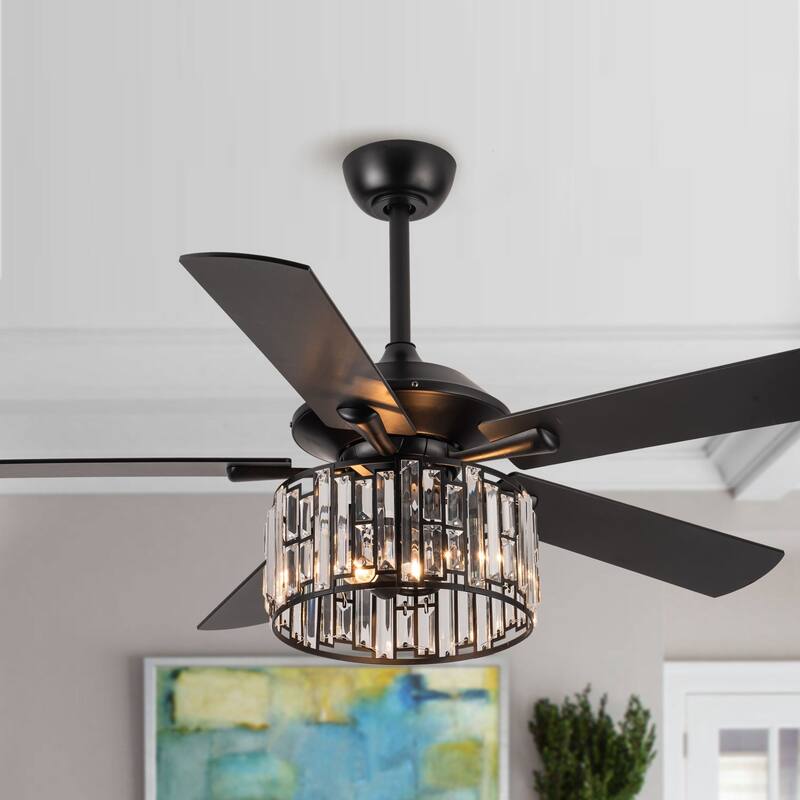 52" Matte Black Industrial Crystal Caged Downrod Mount Ceiling Fan with Remote and Light