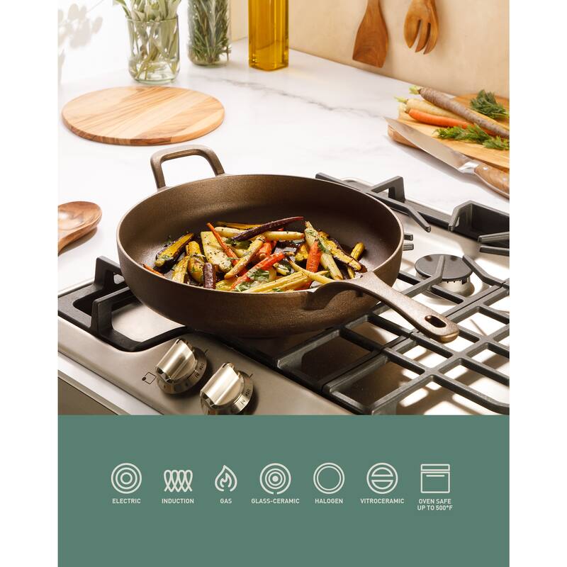 Bloomhouse Natural Bronze Finish Pre-seasoned Cast Iron Grill, Everyday Pan, Skillet & Olive Wood Trivet