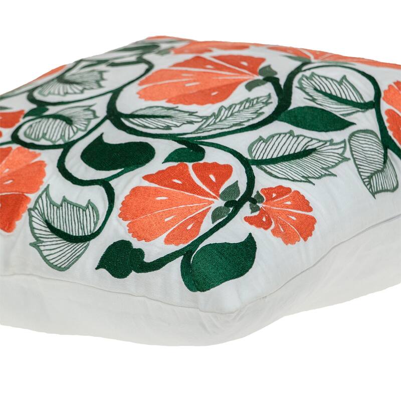 Floral Embroidered Cotton Square Throw Pillow - 22" - White and Orange