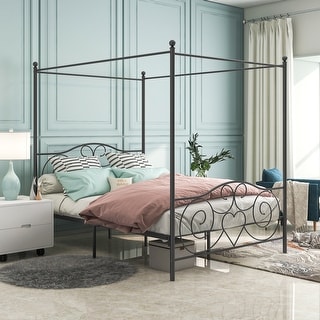 Queen Size Metal Canopy Bed Frame with Vintage Style Headboard ...